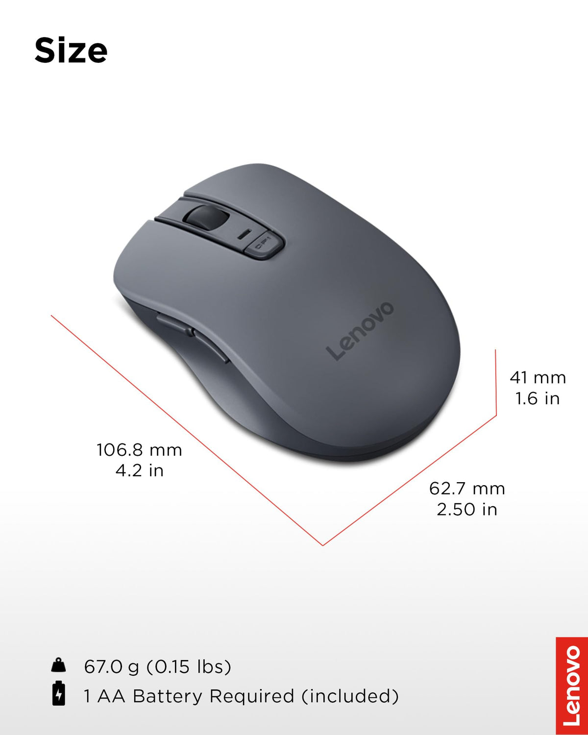 Lenovo WL310 Bluetooth Silent Mouse, Ergonomic, Adjustable DPI, Silent Clicks, Bluetooth 5.0, Portable for Windows, Mac, and Chromebook, Grey