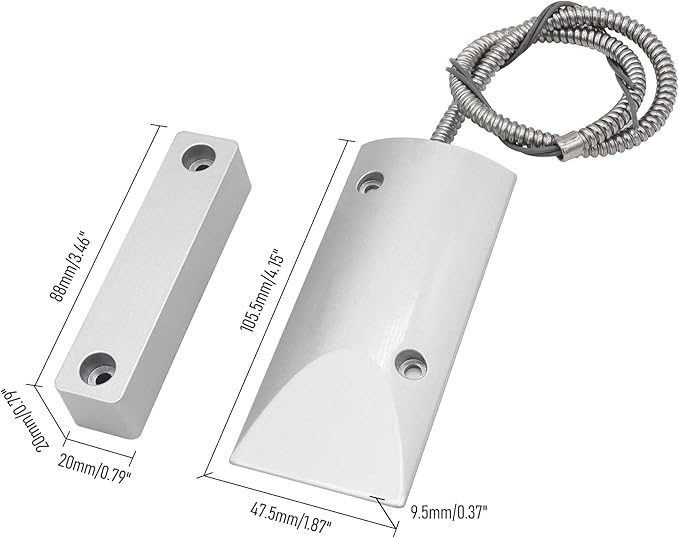 Magnetic Reed Switch Wired Surface Mount Normally Open NO Contact Sensor Alarm Magnetic Door Switch with 2 Wires, Zinc Alloy Sliver, OC-60