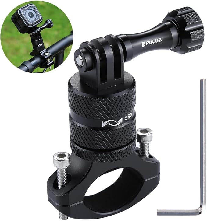PULUZ Bike Camera Handlebar Mount for Gopro Hero 12/11/10/9/8/7/6 Bike Motorcycle Mount Clip, 360 Degree Rotation Aluminum Bicycle Bracket for DJI OSMO Action&Xiaoyi Camera