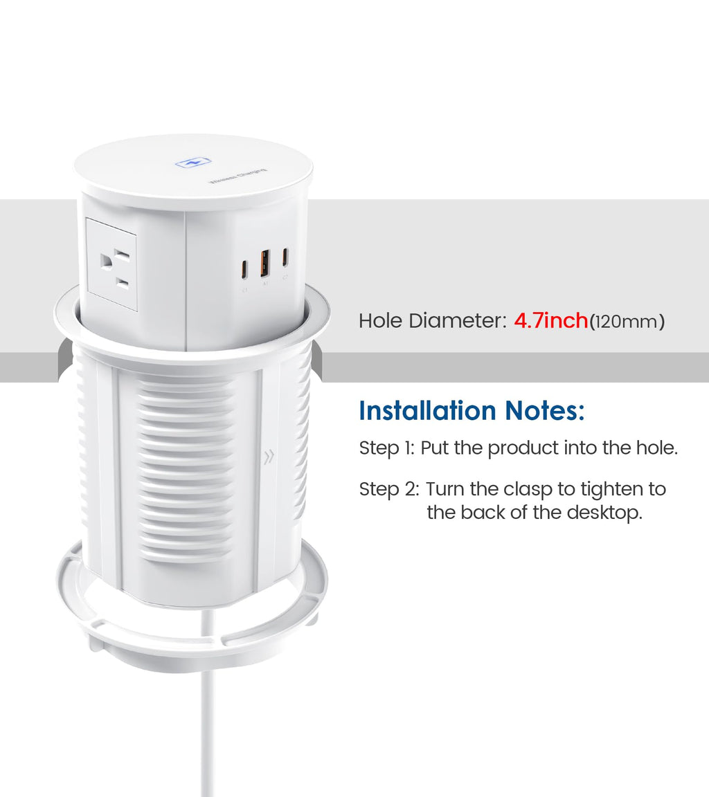 Pop up Outlet for Countertop with 15W Wireless Charger,65W USB C Charging Station,4 Outlets,2 USB C,USB A,Tamper Resistant Receptacle,4.7-inch Hole Power Grommet,Desk Recessed Outlet,White
