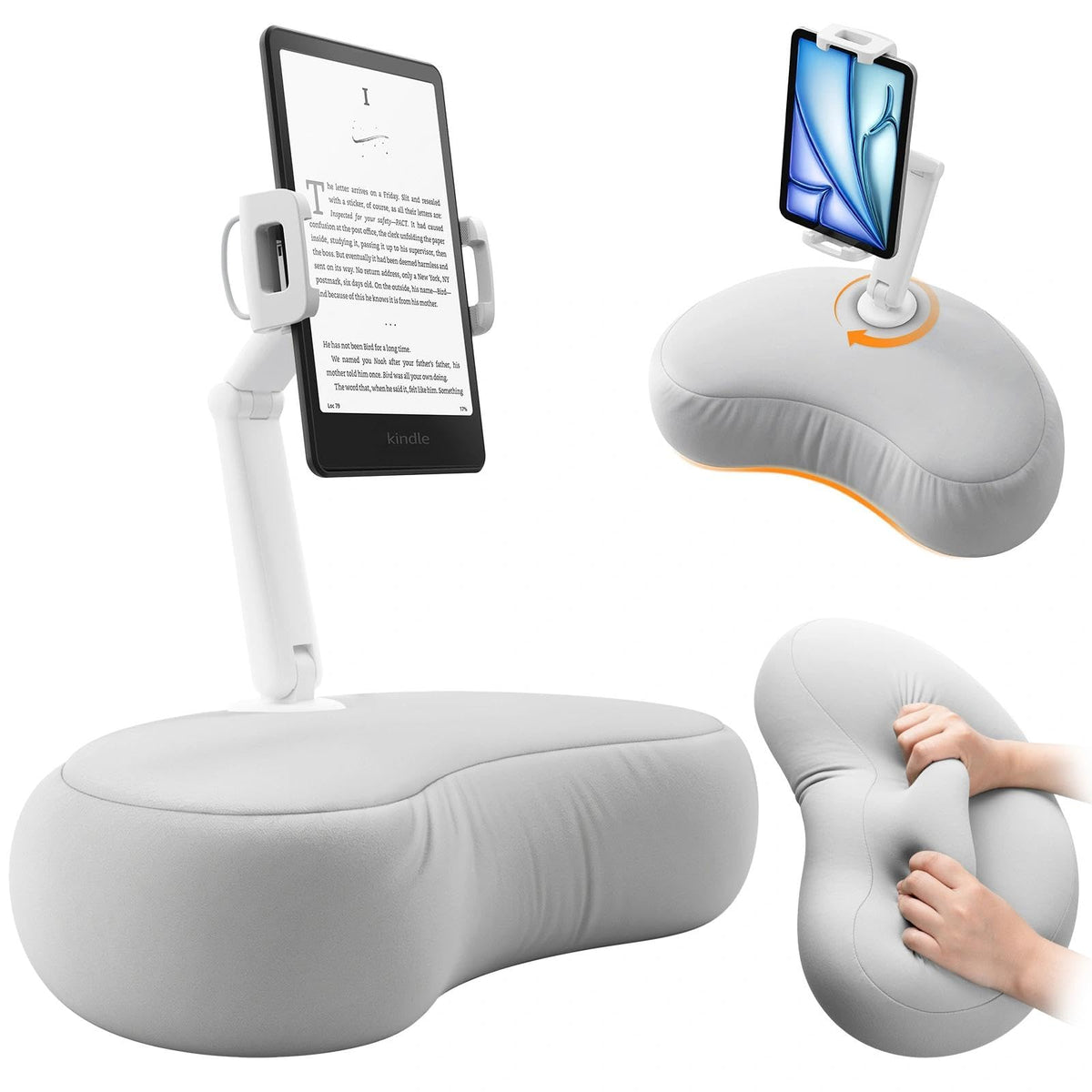 SAIJI Tablet Pillow Stand, Kindle Holder Compatible with 4.7-15.6” Kindle, Phone, Portable Monitor, 360° Adjustable Tablet Stand for Bed with Flexible Dual Axis Arm&Microbead Cushion (Orange)