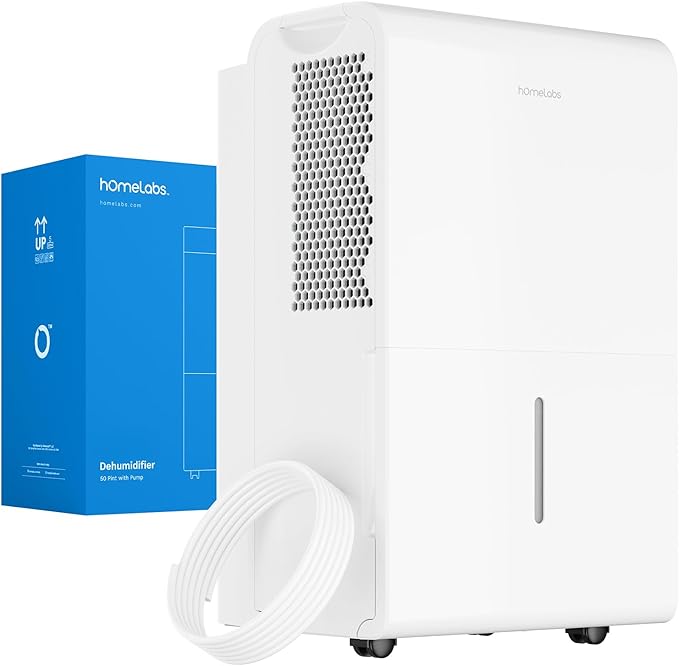 hOmeLabs 50 Pint Wi-Fi Dehumidifier with Pump for up to 7,000 Sq Ft (MAX 120 Pint at 95°F, 90% RH) – High Capacity Moisture Removal for Large Rooms, Offices, and Basements