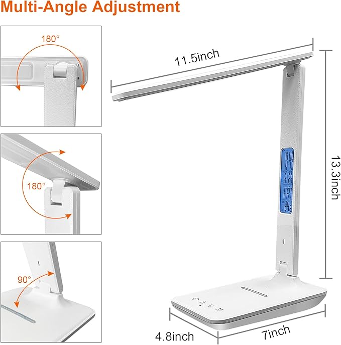 Desk Lamp with Wireless Charger，USB Charging Port, Dimmable Office Desk Light with Clock, Alarm, Date, Temperature, Foldable Lamp for Table Bedroom Bedside Office (White, Standard Size-13.3 inch)