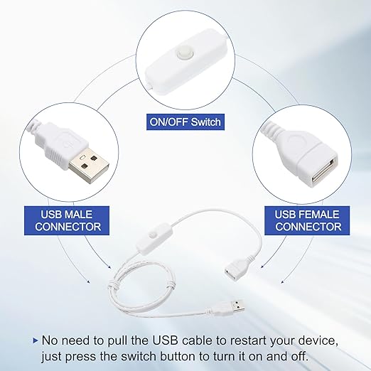MECCANIXITY USB Extension Cable with ON/Off Button Switch 1m USB Male to Female Extension Cord for Desk Lamp Fan LED Light Strip White Pack of 1