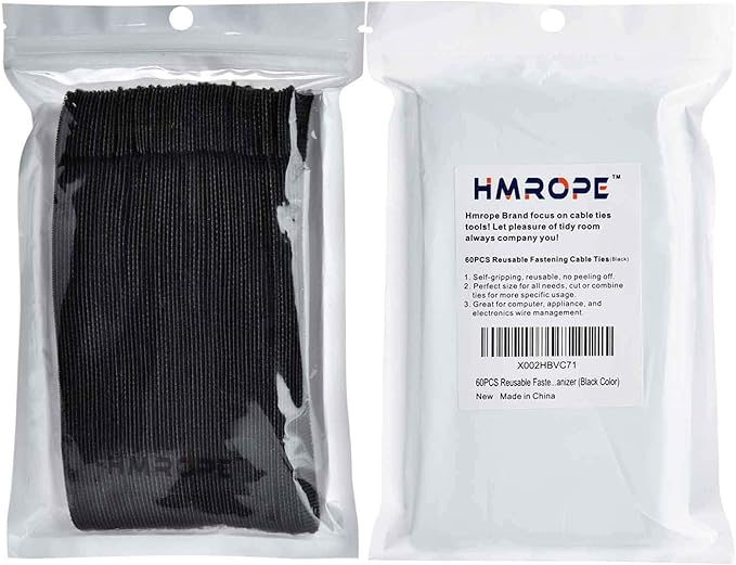 60PCS Fastening Cable Ties Reusable, Premium 6-Inch Adjustable Cord Ties, Microfiber Cloth Cable Management Straps Hook Loop Cord Organizer Wire Ties Reusable (Black Colors)