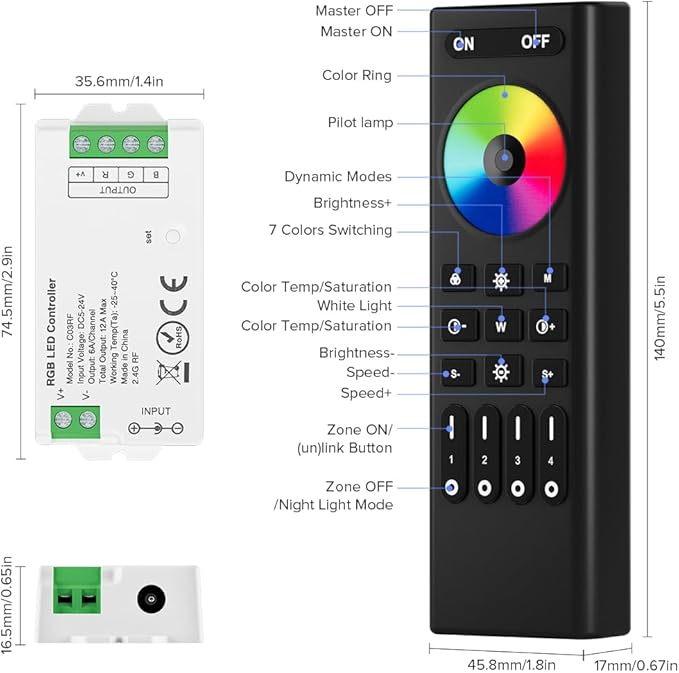 BTF-LIGHTING RF 2.4GHz Wireless Remote RC03RFB & C03RF Tuya Controller Kit 4 Zones Group Control PWM 5050SMD FCOB COB RGB (+ R G B) 4pin LED Strip DC5V DC12V DC24V