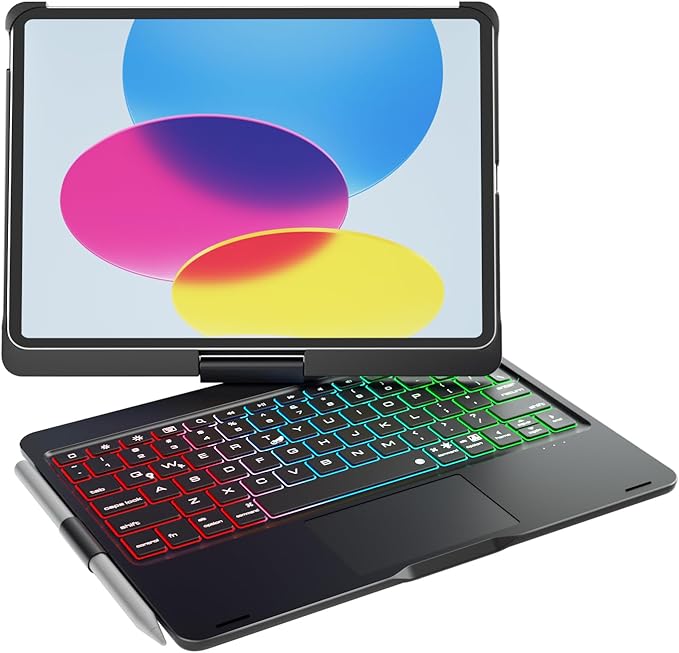 doqo for iPad 10th 11th Generation Case with Keyboard,360° Rotatable Wireless 7 Colors Backlight Multi-Touch Trackpad Folio Keyboard Cover for iPad 11-inch A16 2025 10.9-inch 10th 2022 (Black)