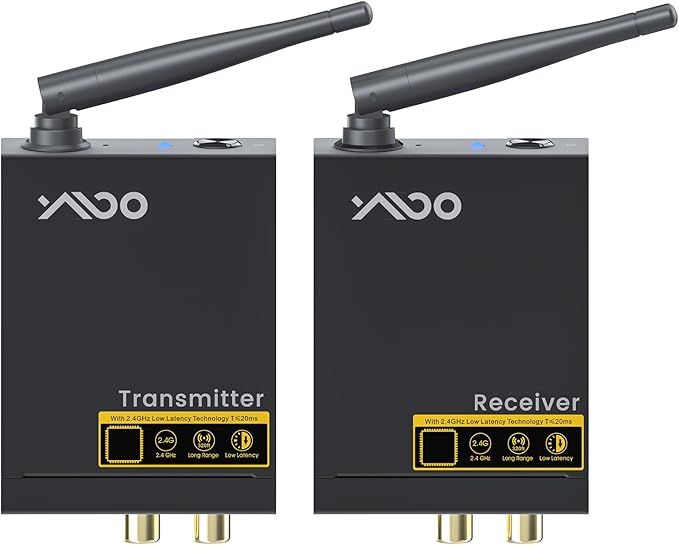 YMOO 2.4Ghz Wireless Audio Transmitter Receiver,192kHz/24bit HiFi Audio,20ms Ultra Low Latency,320ft Long Range RCA Jack Adapter for Speaker/soundbar to TV/PC/CD Player/Computer/Projector