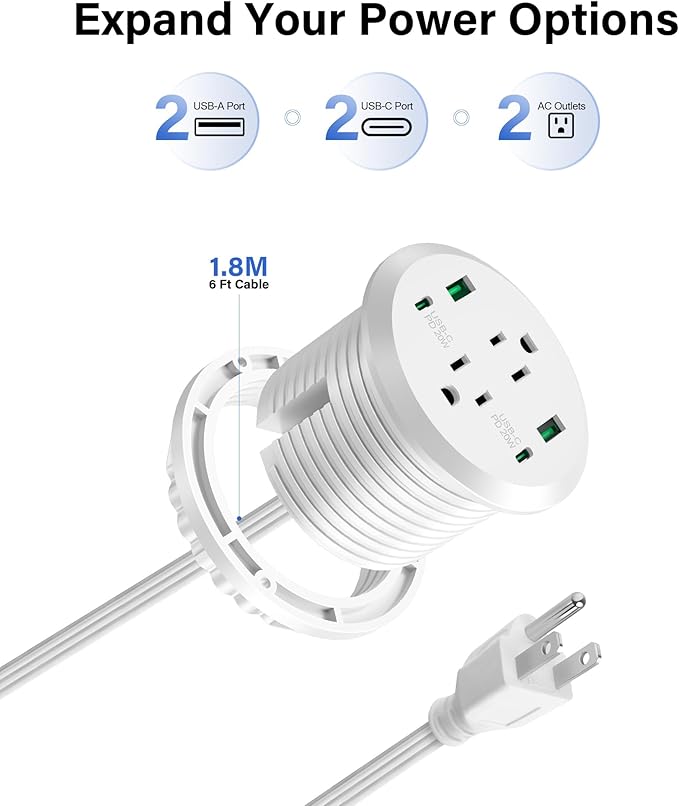 3 inch Desktop Power Grommet USB C,40W Fast Charging Station,Furniture Recessed Power Strip,2 Outlets,4 USB Ports,Flush-Mount for Desktop, Workspace Essential Desk Outlet,2 Pack