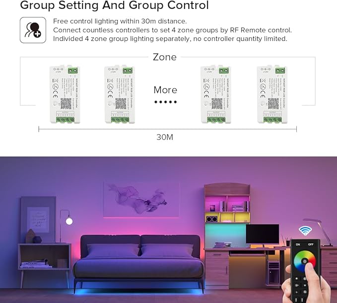 BTF-LIGHTING 2.4GHz Wireless RF Remote RC03RFB &3PCS C04RF Tuya Controller Kit 4 Zones Group Control 5050SMD FCOB COB PWM RGBW (+ R G B W) 5pin LED Strip DC5V DC12V DC24V
