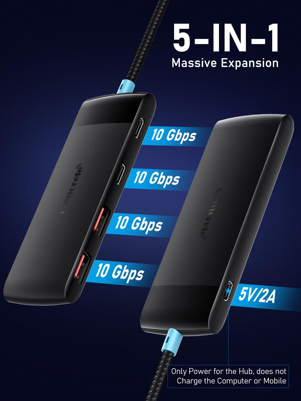 Lemorele USB C Hub 5-in-1 10Gbps, 2 USB A & 2 C Data Ports, 23.6in Cable