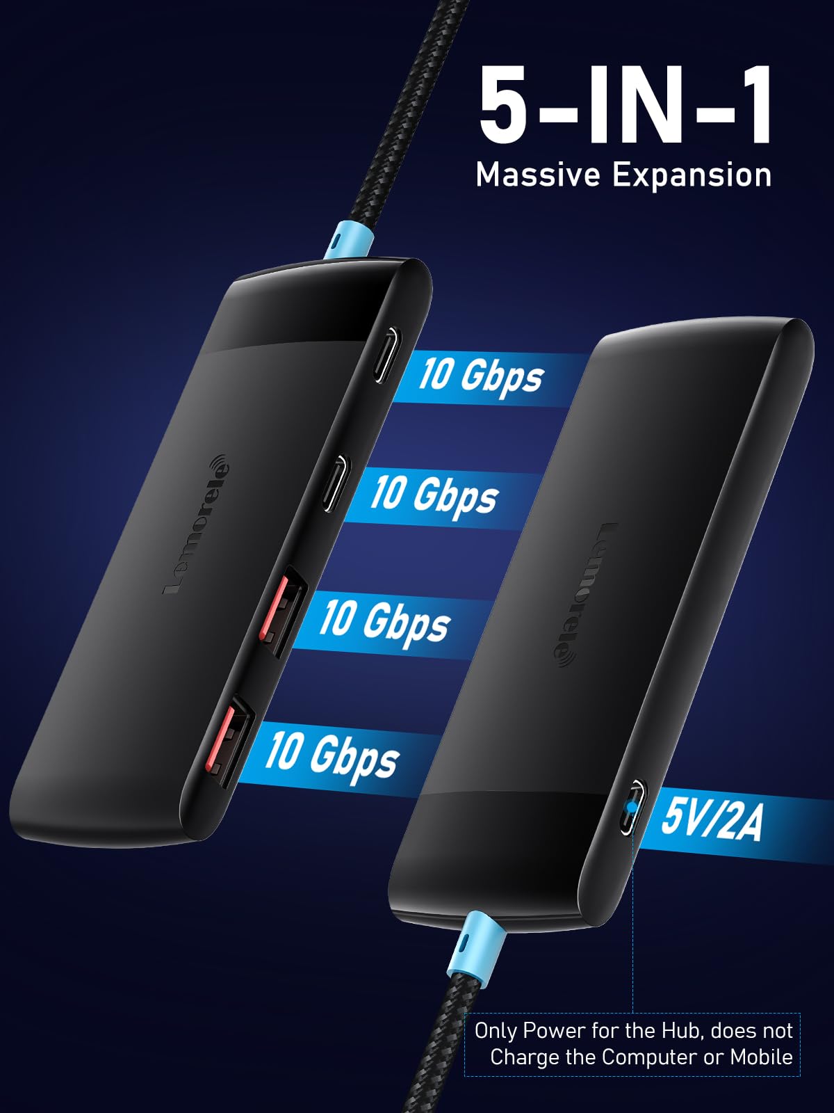 Lemorele USB C Hub 5-in-1 10Gbps, 2 USB A & 2 C Data Ports, 23.6in Cable