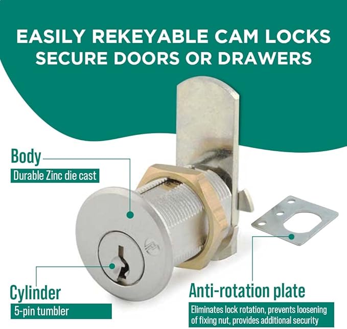 Olympus Lock DCN2 Rekeyable Cam Locks | 1-1/8" Cylinder 915 Key Lock, Keyed Alike | Grade 1 Lock | US26D Chrome Cabinet Locks | Reversible Lock for Doors & Drawers