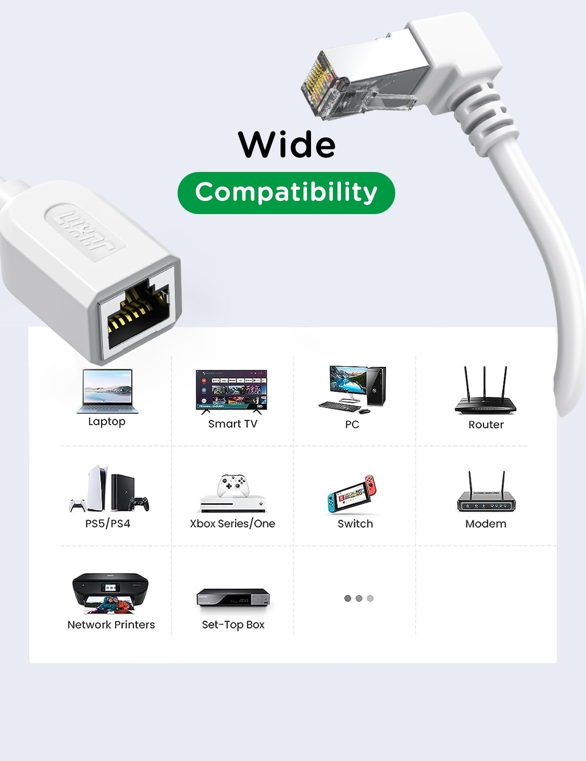JUXINICE Right Angle Ethernet Extension Cable Down Angle1.5ft-White, 90 Degree CAT6 Ethernet Patch Cable RJ45 LAN Cable Extender Male to Female Connector for Router Modem Smart TV PC Computer Laptop