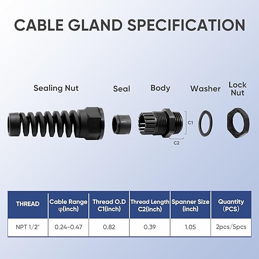 Strain Relief Cord Connector,LISTENJIALE 5Pcs NPT 1/2" Waterproof Cable Gland Flex Spiral Strain Relief Adjustable 6-12mm Cable Connector Nylon Joint with Gaskets(Black)