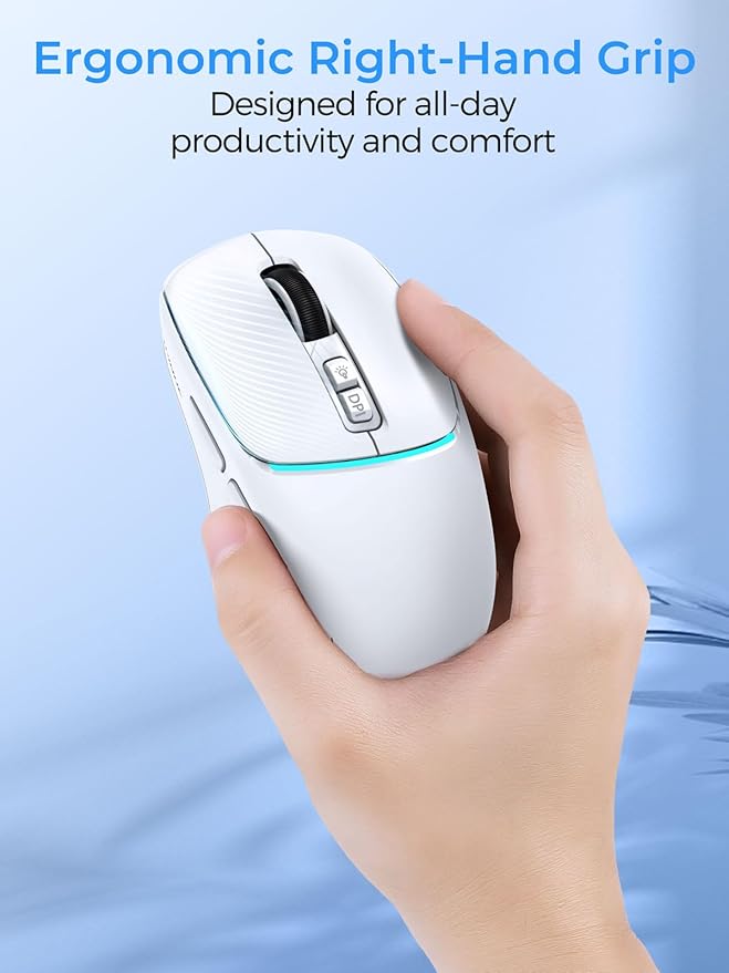 R108 Wireless Bluetooth Mouse – Dual Bluetooth ＆ 2.4GHz USB Receiver, 4 DPI Levels (1000–3200), USB-C Rechargeable, Ergonomic Right-Hand Grip, Silent Click, for Computer/Mac/Laptop - White