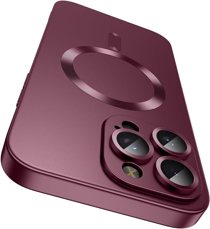 Magnetic for iPhone 16 Pro Max Case [Compatible with MagSafe][Built-in Camera Lens Protector] Slim Soft Silicone Bumper Shockproof Metallic Luster Phone Case (Burgundy)