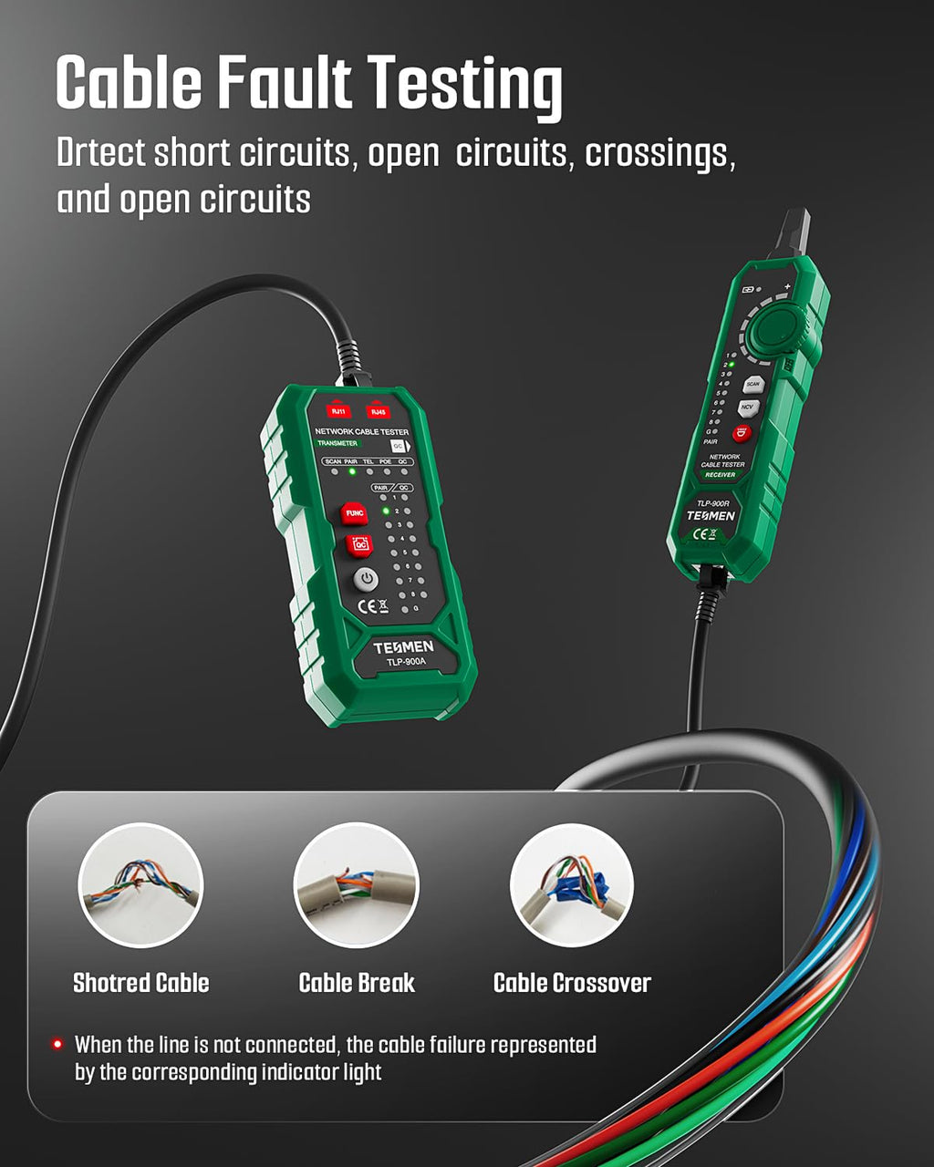 TESMEN TLP-900AR Network Cable Tester, RJ11 RJ45, for CAT5/6/POE/STP, Multi-function Cable Tracer with Pairing, Continuity, QC&NCV, Suitable for Ethernet, Telephone, Wire maintenance and sorting-Green
