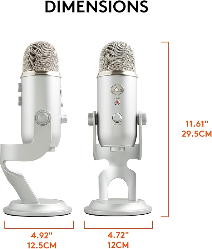Blue Microphones Yeti Silver USB Mic for Recording, Streaming & Gaming on PC and Mac with Blue Voce Effects 4 Pickup Patterns, Headphone Output, Volume Control, Mic Gain Control, & Adjustable Stand