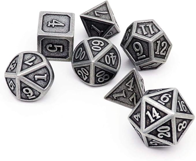 Haxtec Antique Iron Metal DND Dice Set Silver D&D Polyhedral Dice W/PU Leather Dice Bag Compatible with Dungeons and Dragons Gift TTRPG