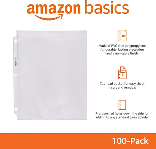 Amazon Basics Sheet Protectors for 3 Ring Binder, Non-Glare, Top Loading, Letter Size 8.5 x 11 in, Clear Plastic Sleeves, 100-Pack
