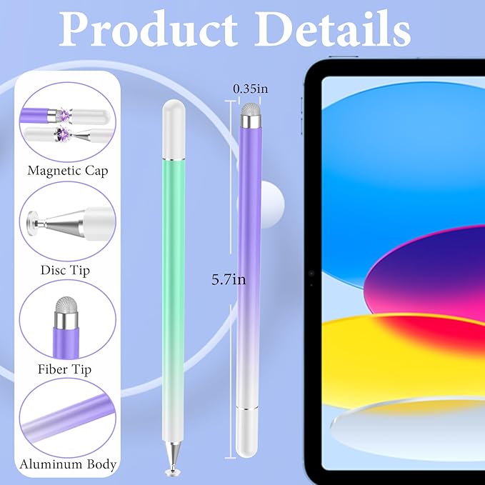 Stylus Pens for Touch Screens(2PCS), High Precision Magnetic Disc Universal Stylus Pen for iPad, 2-in-1 iPad Pen Compatible with iPhone/Pad/Android Tablets and Most Touch Screen(Green/Purple)