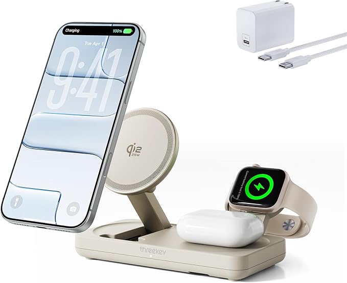 THREEKEY Qi2 25W MagSafe 3-in-1 Wireless Charging Station, MFI Certified by Apple, Fast Foldable Charger Stand for iPhone 17/16/15/14/13/12 Pro Max, Apple Watch, AirPods(45W Adapter Included)