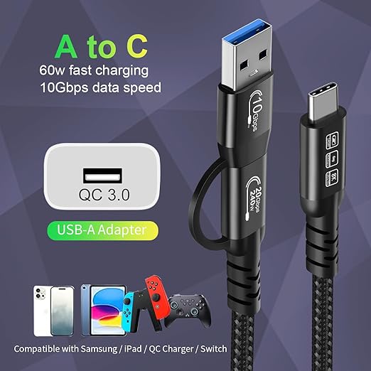 CABLEDECONN USB2.0 A to USB C 3.2 Type C 20Gbps Male to Male Detachable 0.5m 1.6ft Cable Data Extension 10Gbps 240W Fast Charge 8K Ultra HD Video Data Connection Power Line
