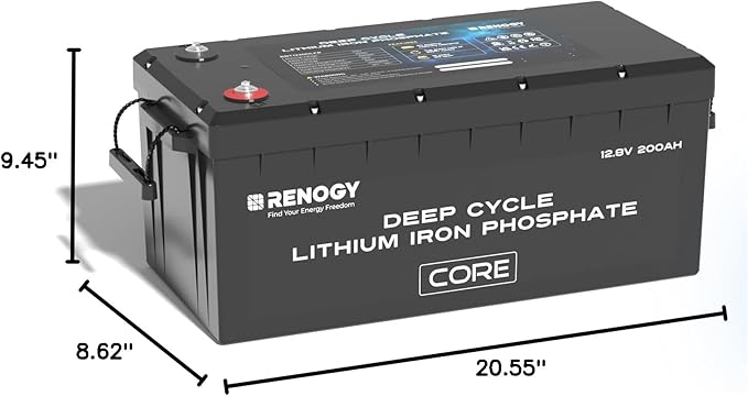Renogy 12V 200Ah Lithium LiFePO4 Deep Cycle Battery, 5000+Deep Cycles, 200A BMS,Backup Power for Trolling motor, Cabin,Marine, Off-Grid Home Energy Storage-Core Series
