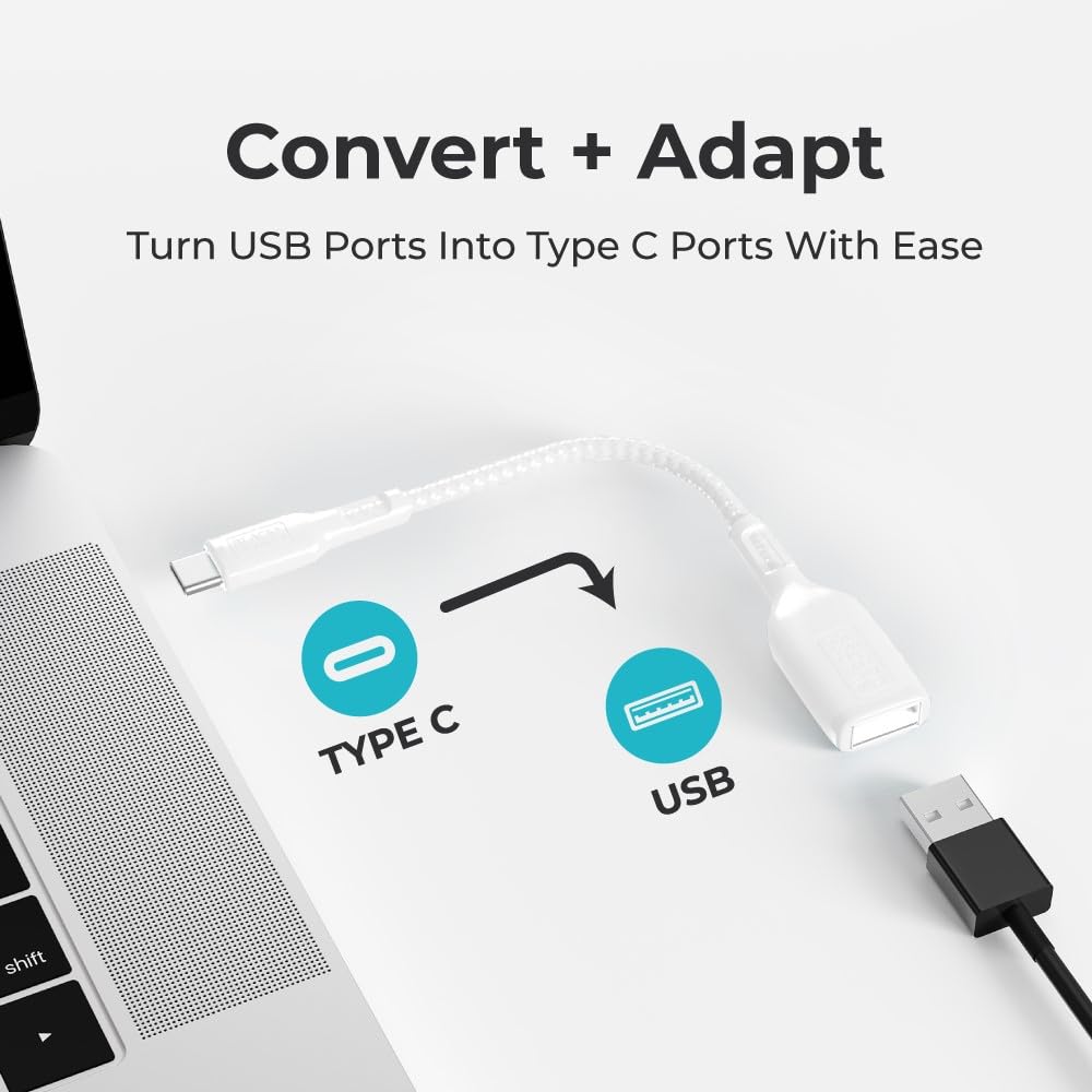 BLACK+DECKER USB C to USB A Adapter, USB C Male to USB Female Adapter Nylon Braid Type C OTG Cable Compatible w/iPhone 17 16 15 Pro MacBook Pro 2022/Air/Mini iPad, 2Pack, 3" (White)