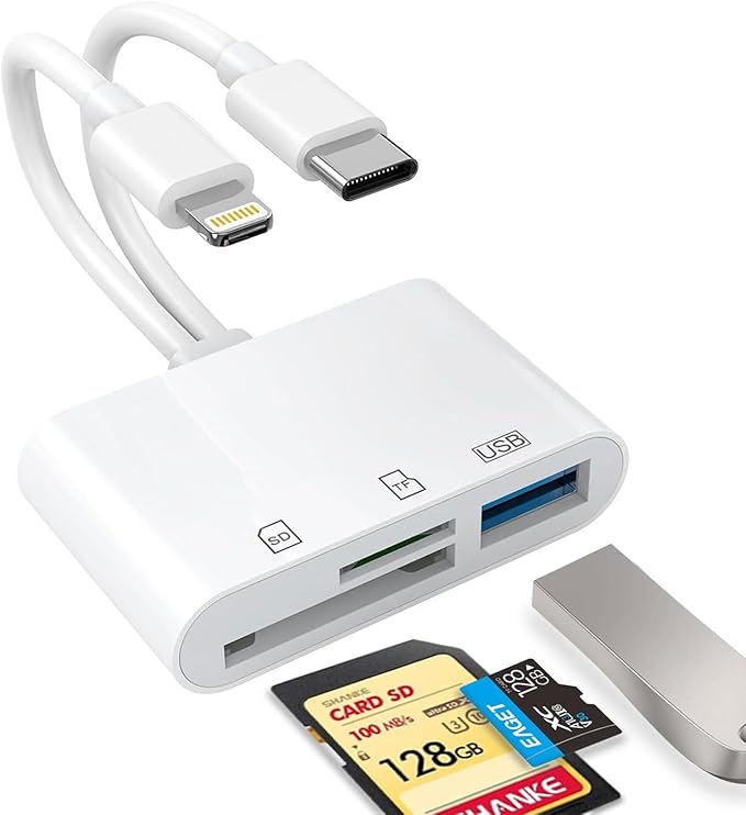 SD Card Reader for iPhone, iPad, USB C and Lightning Dual Port SD Card Adapter, Memory Card Reader for Camera Adapter, Support SD, Micro SD, USB 3.0, No App Driver Required