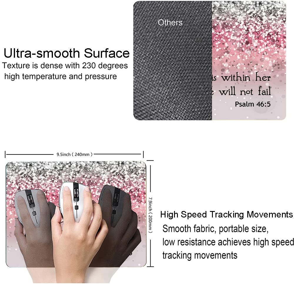 Mouse Pad, Bible Verse Pink Sparkles Glitter Mouse pad, Square Waterproof Mouse Pad Non-Slip Rubber Base MousePads for Office Laptop, (Psalm 46:5 God is Within Her,She Will not Fall)