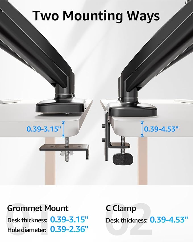 MOUNTUP Dual Monitor Stand for Desk, Pneumatic Monitor Arms for 2 Monitors Max 32 Inches, Height Adjustable Double Monitor Mount, VESA Mounts with C-Clamp & Grommet Base, Holds 4.4-17.6lbs, Black