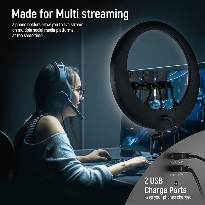 NEEWER 19 inch 2.4G Ring Light with Stand, 3 Phone Holders, 2.4G USB Transmitter for Mac/PC Remote Control, Touch Panel, Smooth Dimming at 1%, 3200K-5600K for Selfie TikTok Live Streaming Zoom, RP19H
