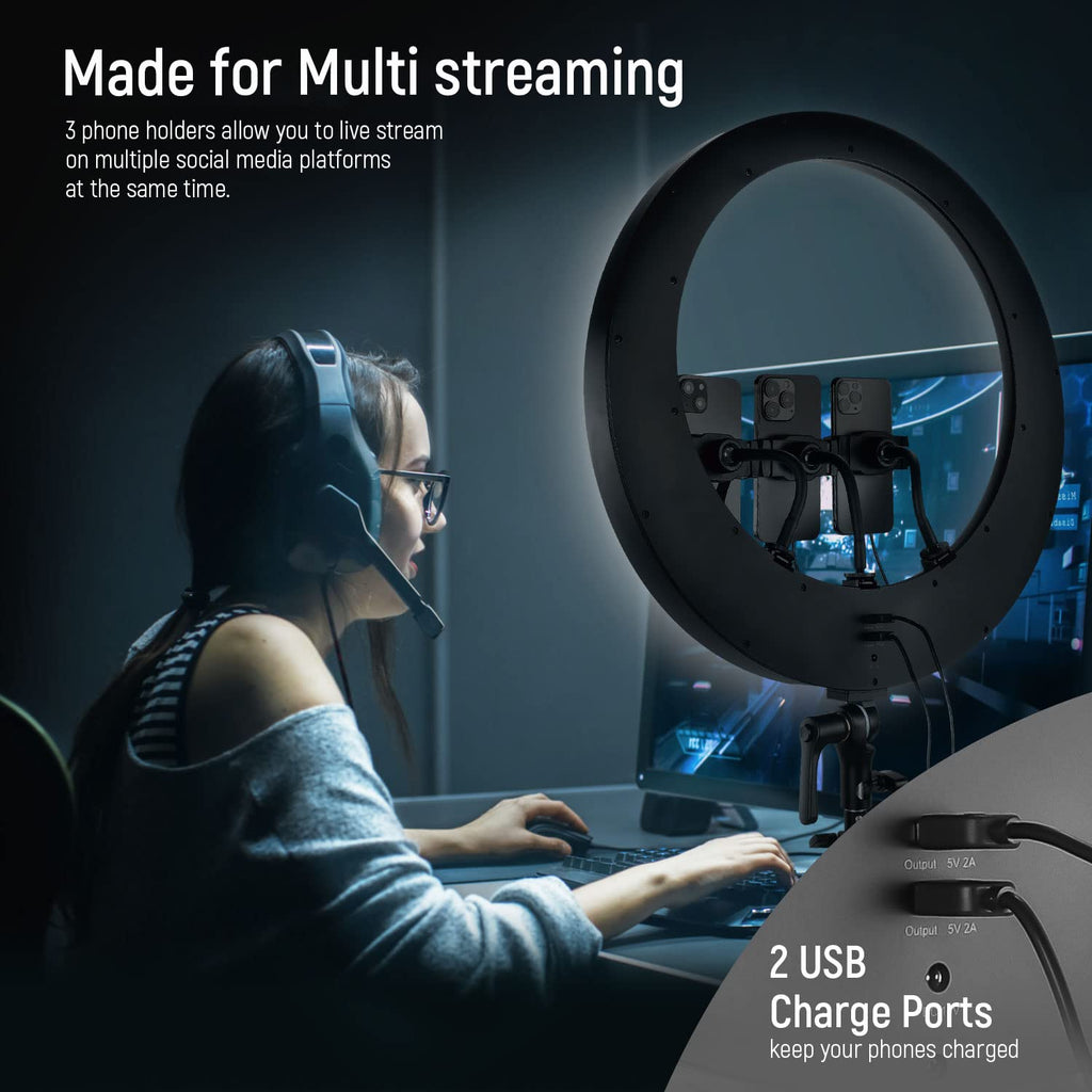 NEEWER 19 inch 2.4G Ring Light with Stand, 3 Phone Holders, 2.4G USB Transmitter for Mac/PC Remote Control, Touch Panel, Smooth Dimming at 1%, 3200K-5600K for Selfie TikTok Live Streaming Zoom, RP19H