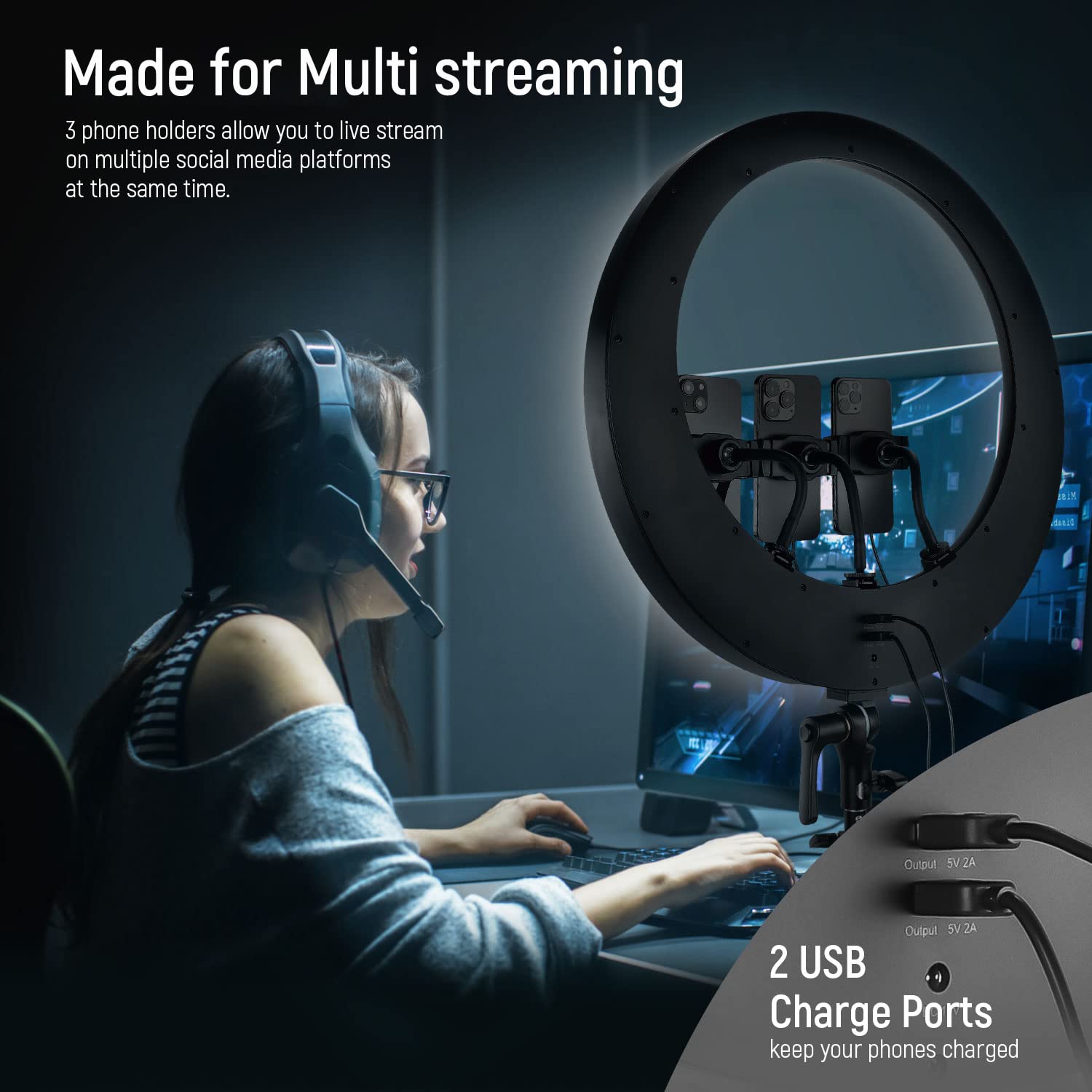 NEEWER 19 inch 2.4G Ring Light with Stand, 3 Phone Holders, 2.4G USB Transmitter for Mac/PC Remote Control, Touch Panel, Smooth Dimming at 1%, 3200K-5600K for Selfie TikTok Live Streaming Zoom, RP19H