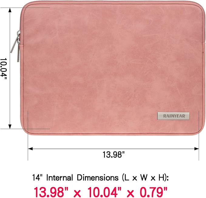 RAINYEAR 14 Inch Laptop Sleeve Protective Case PU Suede Leather Zipper Padded Cover Water Resistant Carrying Bag Compatible with 14" Notebook Computer Chromebook(Coral)
