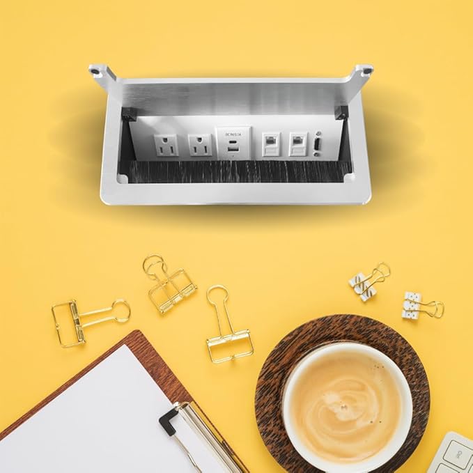 ZESHAN Conference Table Power hub Conference Table connectivity Box with 45 Degree Angle Convenient Plug-in Socket, Power Fully Enclosed Bottom Box Power Socket, USB, Type C, HDMI, RJ45, Silver