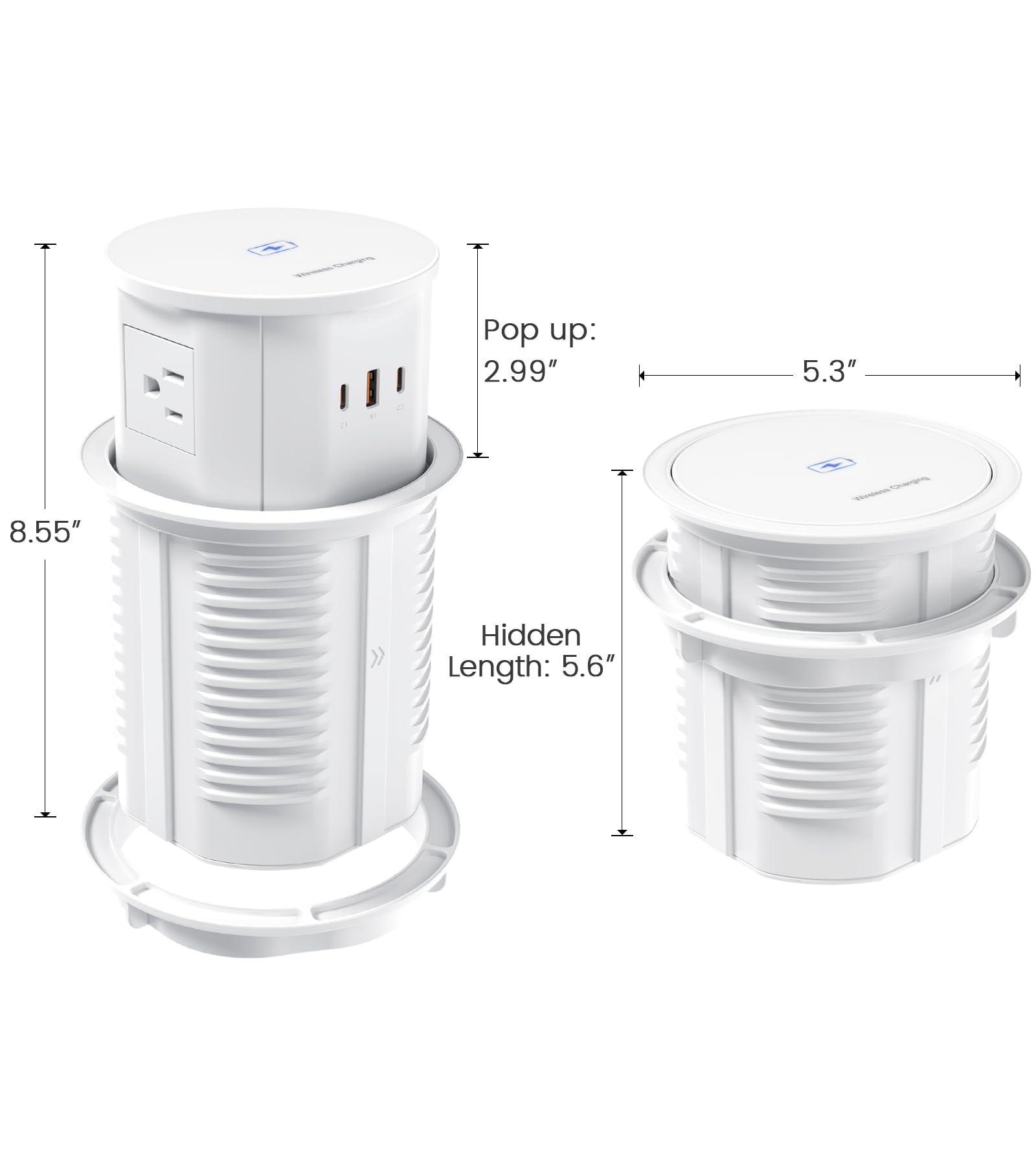 Pop up Outlet for Countertop with 15W Wireless Charger,65W USB C Charging Station,4 Outlets,2 USB C,USB A,Tamper Resistant Receptacle,4.7-inch Hole Power Grommet,Desk Recessed Outlet,White