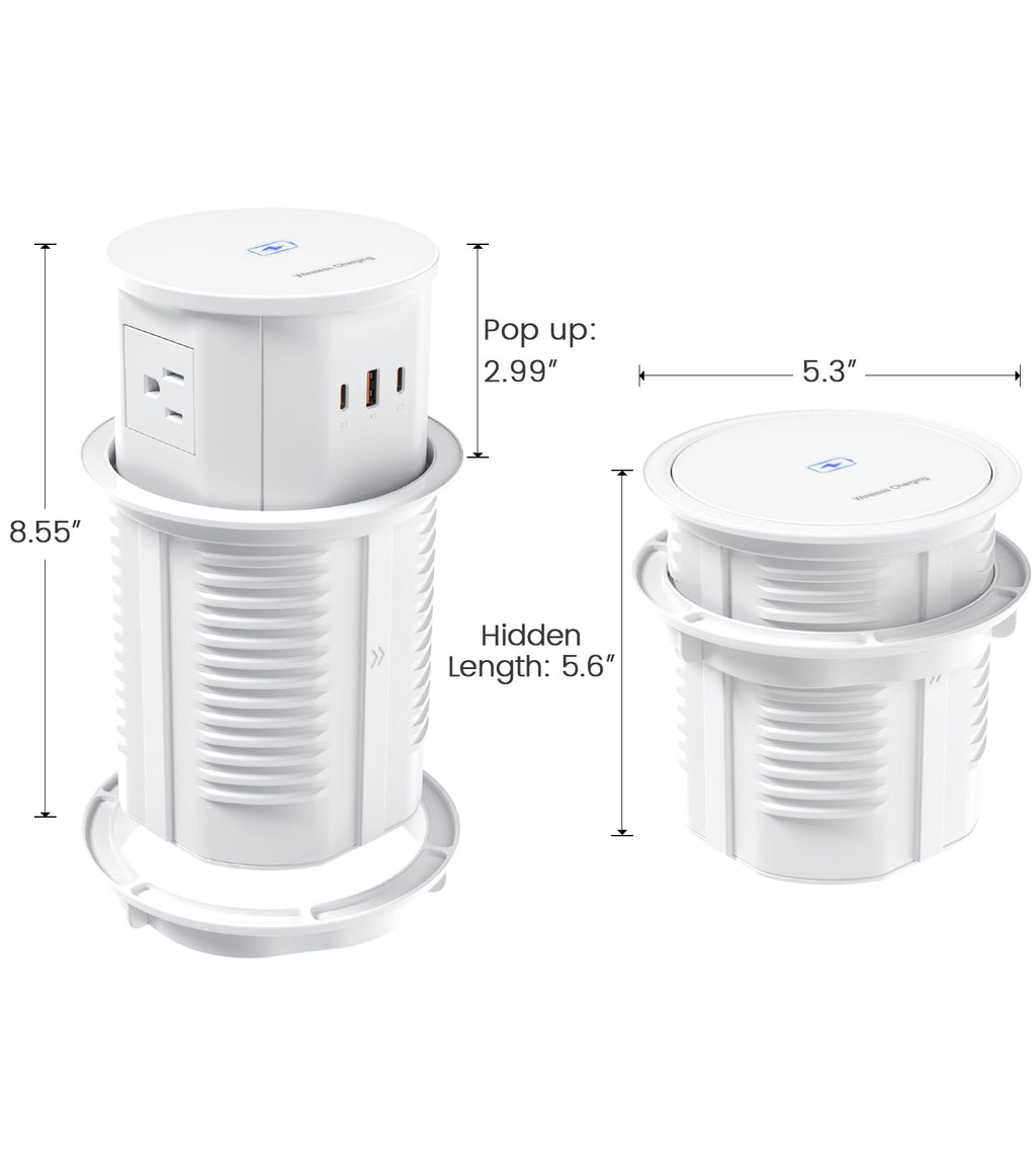 Pop up Outlet for Countertop with 15W Wireless Charger,65W USB C Charging Station,4 Outlets,2 USB C,USB A,Tamper Resistant Receptacle,4.7-inch Hole Power Grommet,Desk Recessed Outlet,White