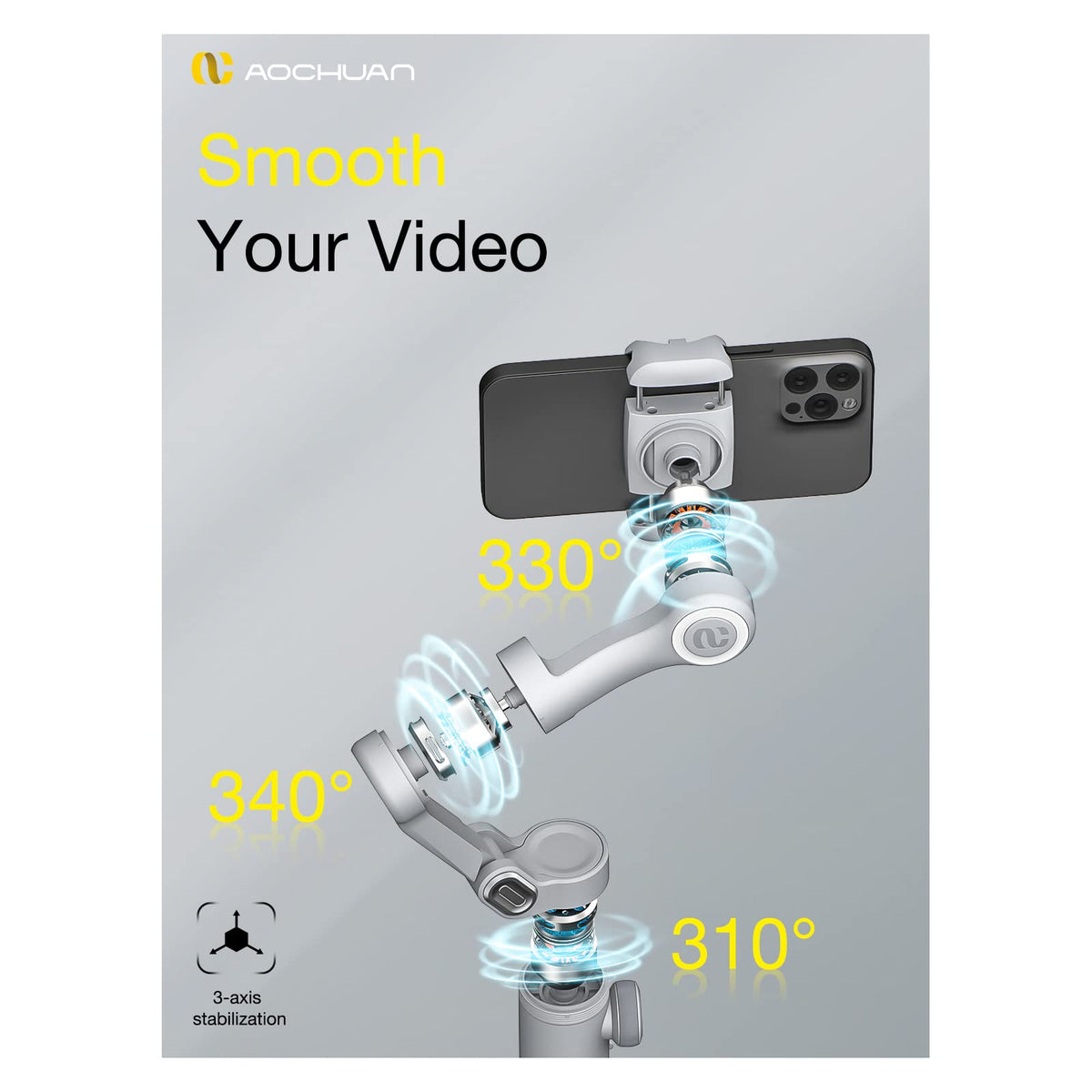 Professional Gimbal Stabilizer for Smartphone w/Wireless Charging OLED Display LED Light Focus Wheel, 3-Axis Phone Gimbal Stabilizer for iPhone 15 14 13 12 Pro/Max/Xs Galaxy S23-AOCHUAN Smart X3 Grey
