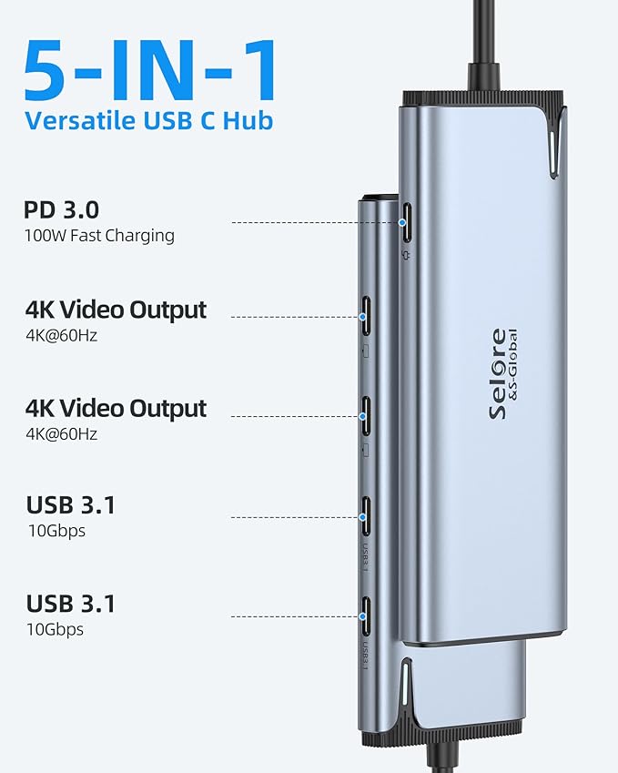 Selore&S-Global USB C Splitter USB C 4K/60Hz DP Alt Mode,USB C Hub Multiport Adapter with 2 USB C Video Output,10Gbps Data Transfer,100W PD,5 in 1 USB C to USB C Dual Monitor for Windows/Mac OS