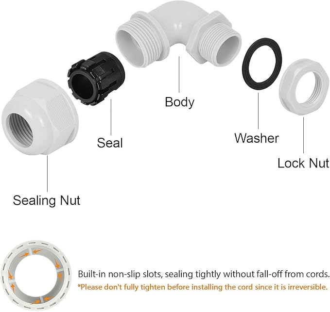 LeMotech M20 Cable Gland, 90 Degree Adjustable 9-14mm Strain Relief, Cord Connectors Nylon Joints with Gaskets, 2 Pcs, Grey