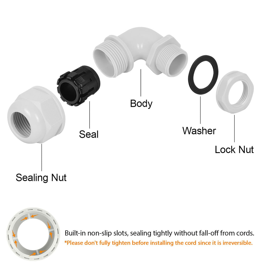 LeMotech M25 Cable Gland, 90 Degree Adjustable 13-18mm Strain Relief, Cord Connectors Nylon Joints with Gaskets, 2 Pcs, Grey