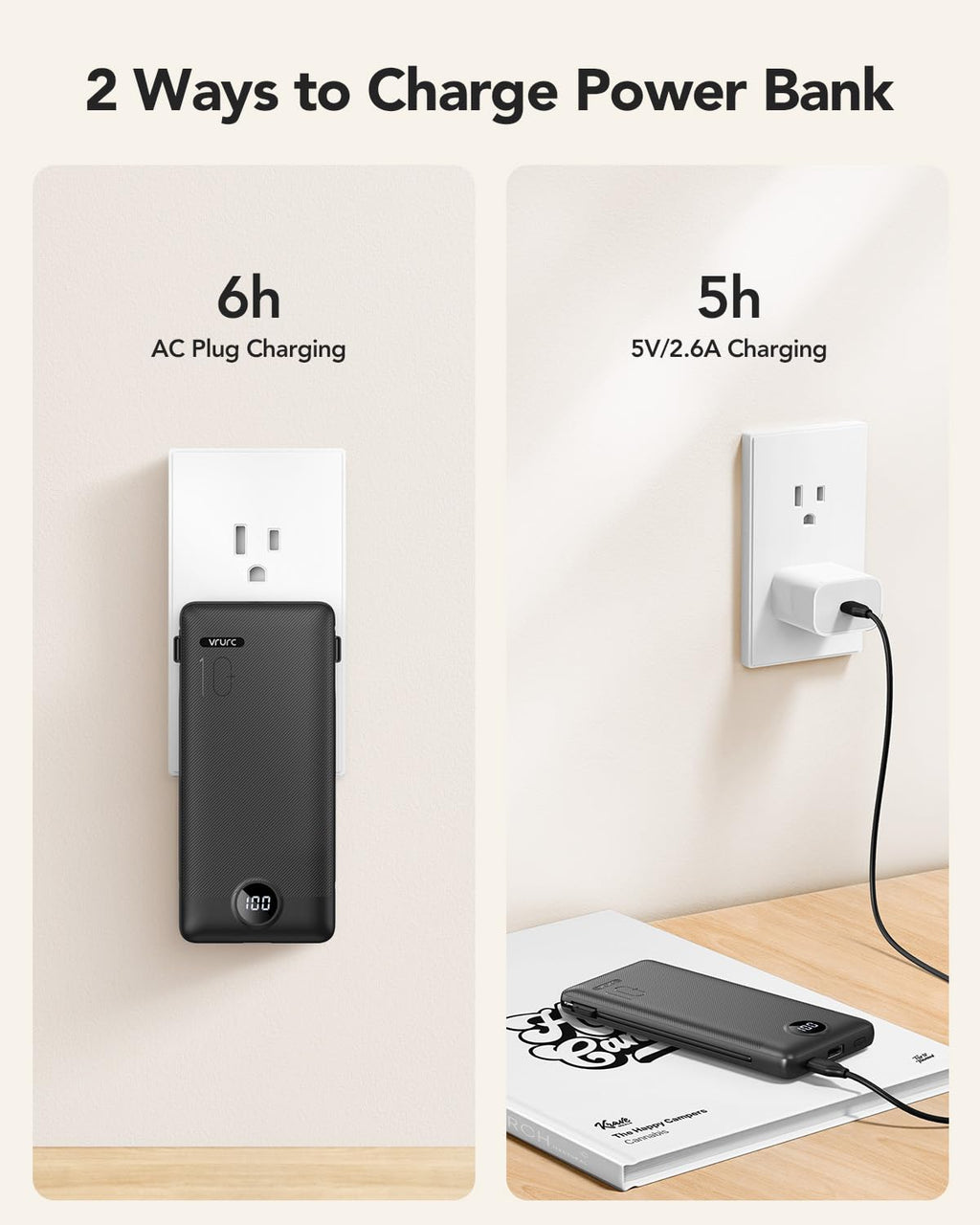 VRURC Portable Charger, Power Bank Built-in Cables and AC Wall Plug