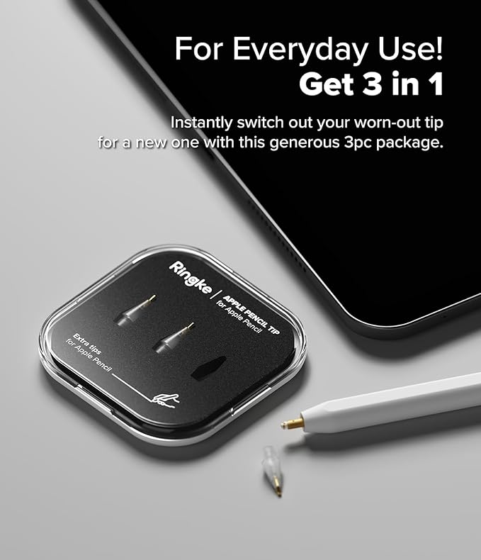 Ringke Apple Pencil Tips [3 Pack/Replacements for All Generations] Compatible with Apple Pencil Pro, 1st, 2nd Gen, USB-C Accessories, Clean & Neat Feel Nib - Metal (Matte Clear)
