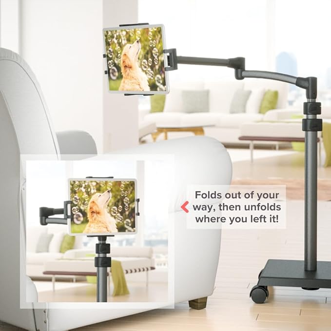 LEVO G2 Deluxe Premium Tablet Floor Stand with Long Extension Arm – Adjustable Rolling iPad Holder & Mobile Cart for Bed, Sofa, or Office–Ergonomic 5-Axis Arm, 30–56″ Height, Fits up to 13.5″ Devices
