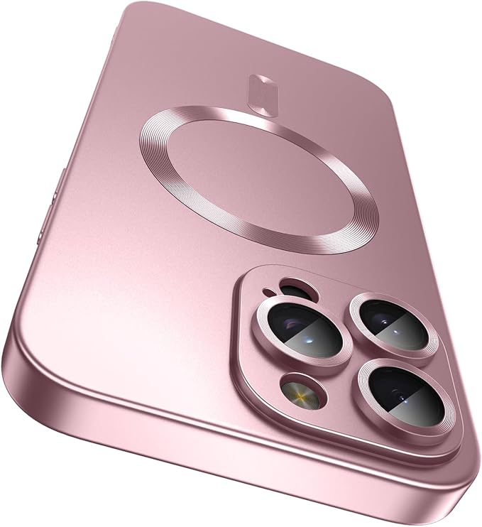 Magnetic for iPhone 16 Pro Case [Compatible with MagSafe][Built-in Camera Lens Protector] Slim Soft Silicone Bumper Shockproof Metallic Luster Phone Case (Rose Gold)