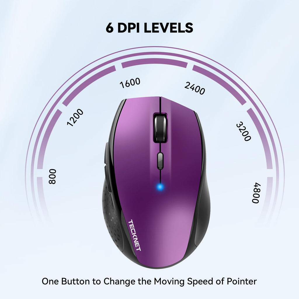 TECKNET Bluetooth Mouse, 4800 DPI Computer Mouse, 2-Year Battery Wireless Mouse 6 Adjustable DPI, 6 Buttons Compatible with Laptop/Windows/Computer(Purple)