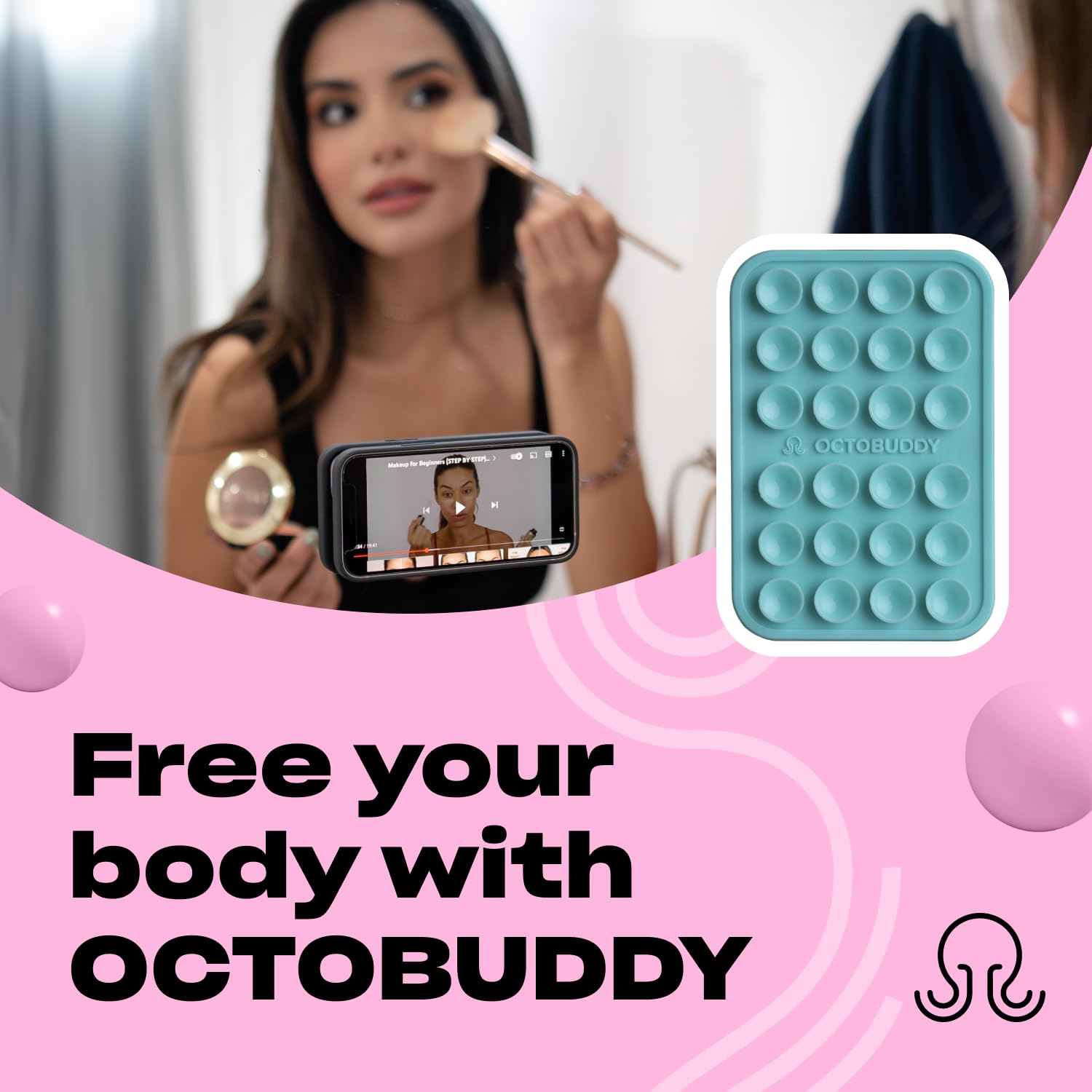 OCTOBUDDY Classic MAX - Silicone Suction Phone Case Adhesive Mount - Hands-Free, Strong Grip Holder for Selfies & Videos - Durable, Easy to Use - 2.6″ x 3.9″, Pastel Turquoise